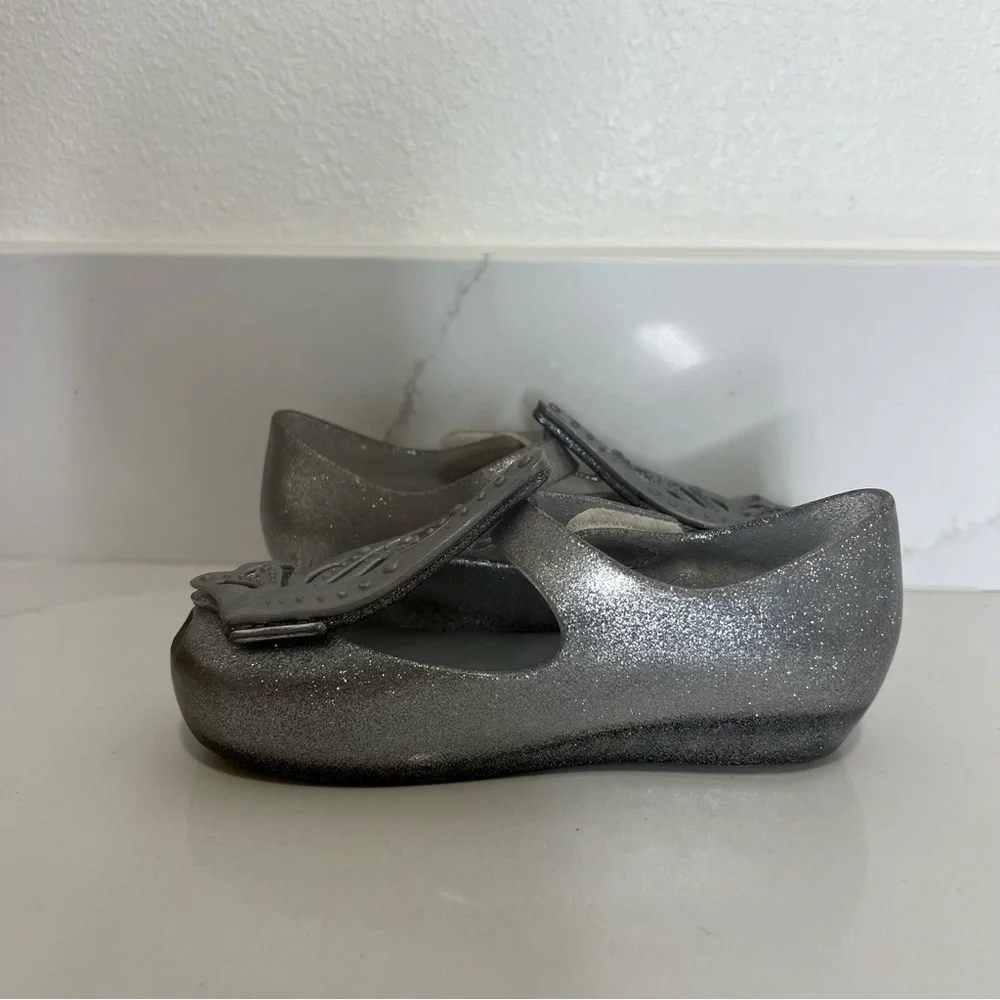 Mini Melissa Kids' Silver Glitter Shoes with Butterflies size 9